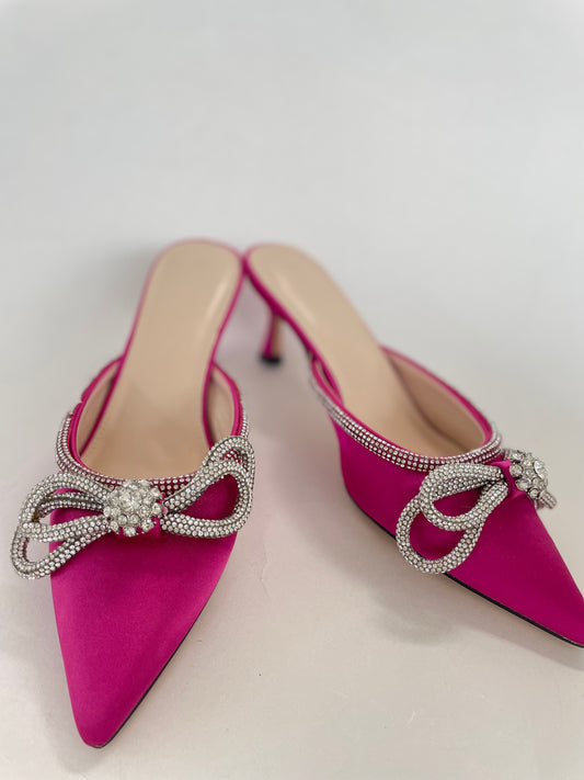 Pink satin double bow mules